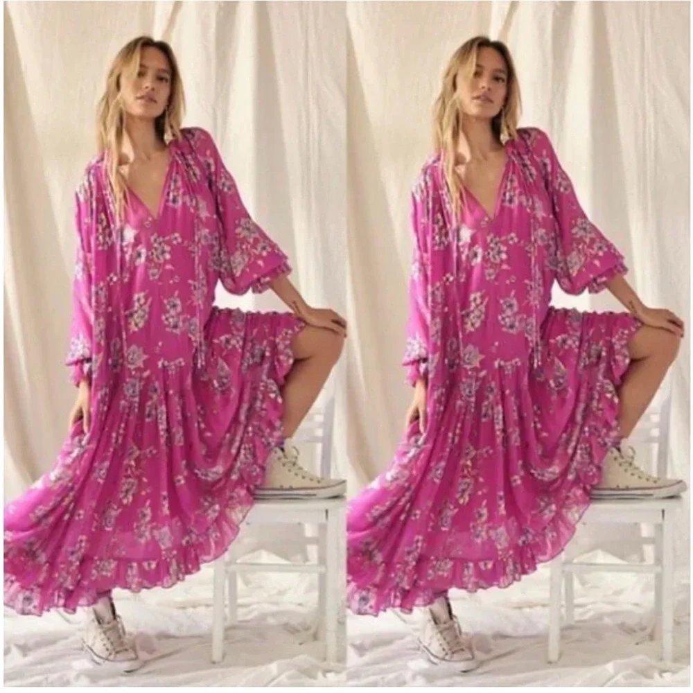 Free People Feeling Groovy Fuchsia Pink Floral Maxi Dress (read description!)